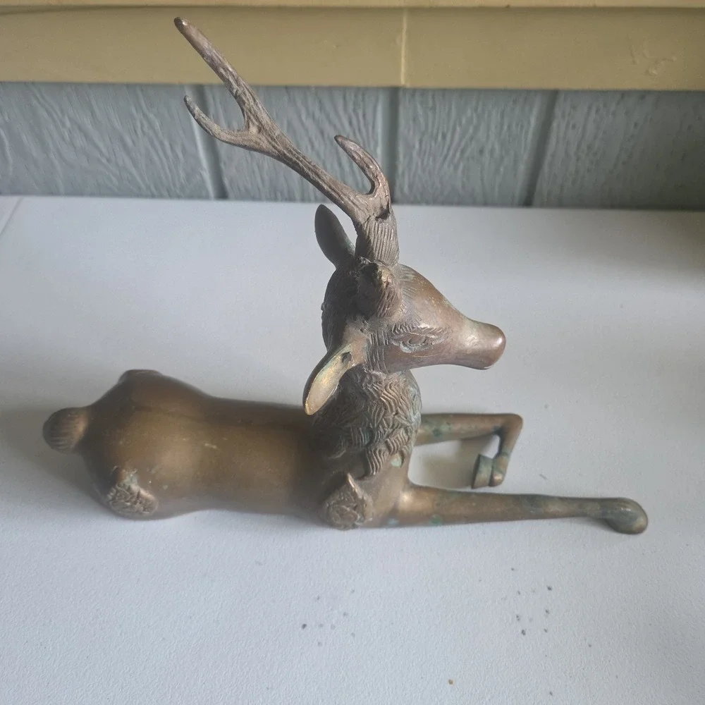 Vintage Brass Sculpture Deer MCM Stag Reclining Figure Antlers Aged Patina AS IS